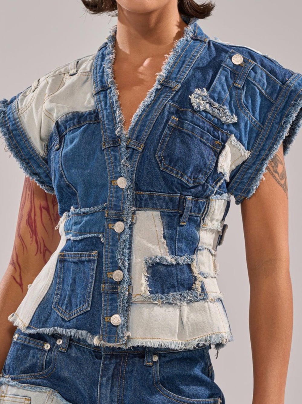 NWT AKIRA Two-Tone Patchwork Denim top in Dark Blue & Light Blue size S